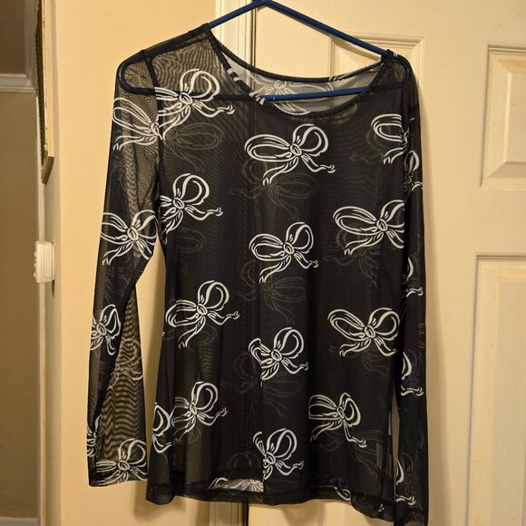 Tops - Sheer black top L with white bows, cute for any age. New without tags